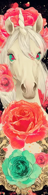Free dragon bookmark featuring flowers in front of a unicorn face